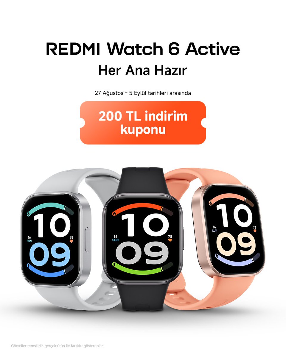 XiaomiTurkiye's tweet photo. Her ana hazır, fırsatı da yanında. ⌚⚡
#REDMIWatch6Active'de 27 Ağustos ile 5 Eylül arasında 200 TL indirim kuponu seni bekliyor. https://t.co/uJc7k6HHUp