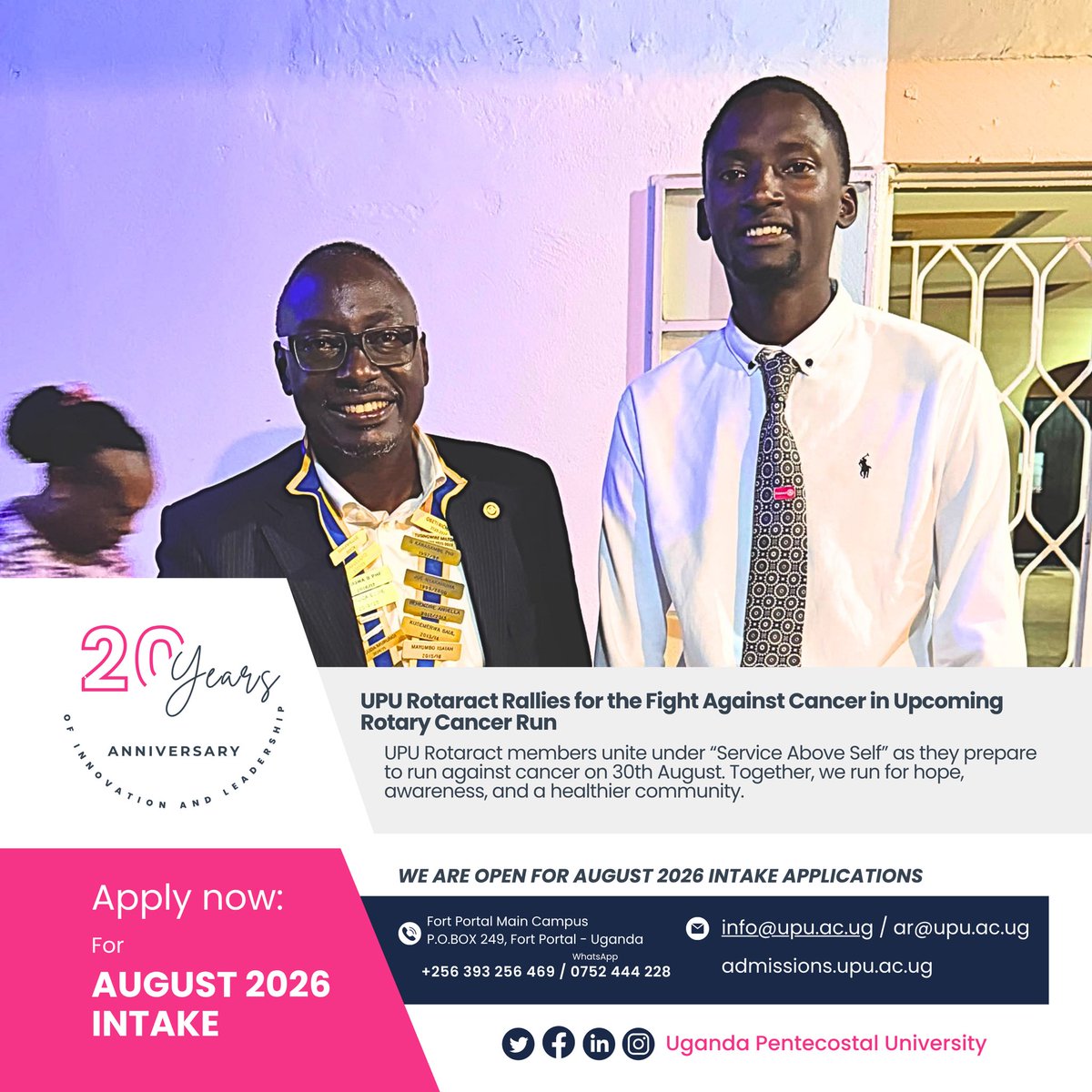 UPU_Uganda's tweet photo. Serving Above Self! 🏃♀️🏃♂️
UPU Rotaract members are ready to run against cancer on 30th August! Together, we run for hope, awareness, and a healthier community.
UPU Oyee!
#UPU #Rotaract #RunAgainstCancer https://t.co/OCZlfP5ZmP