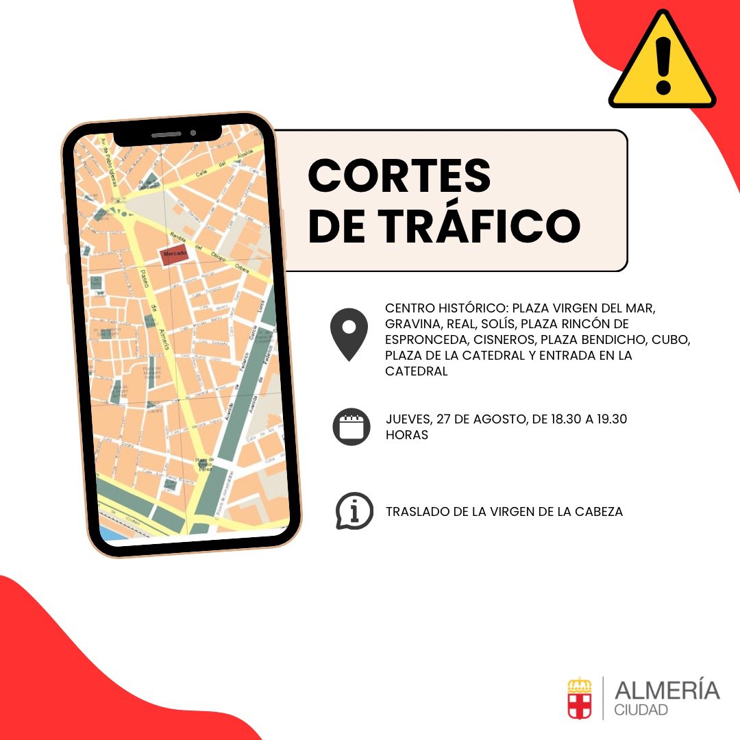 aytoalm's tweet photo. 🚨 ATENCIÓN 

Estos son los cortes de tráfico previstos para este jueves en el Centro Histórico.

Disculpen las molestias. https://t.co/ITlTwfY8Of