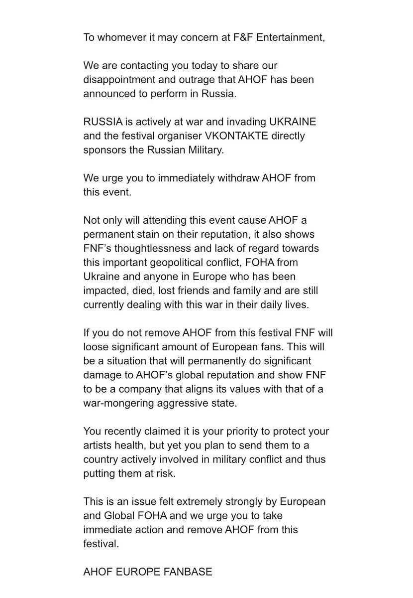AHOF_EUR0PE's tweet photo. [📣] It’s another day but let’s keep going strong. As long as we keep making noise FNF will be forced to listen to us. 

Please keep posting the hashtags and responding to all official content protesting the festival in Russia. 

Don’t forget to email using the template below: 
🖇️ https://t.co/RaAjvnfP0R

PULL AHOF OUT OF RUSSIA FEST
#WithdrawAHOFfromRussiaFest 
#StopRuiningAHOFsReputation 
#CancelRussiaConcerts 
#건강하고안정적인환경에서활동은개뿔

@fnfent_official
@AHOF_official