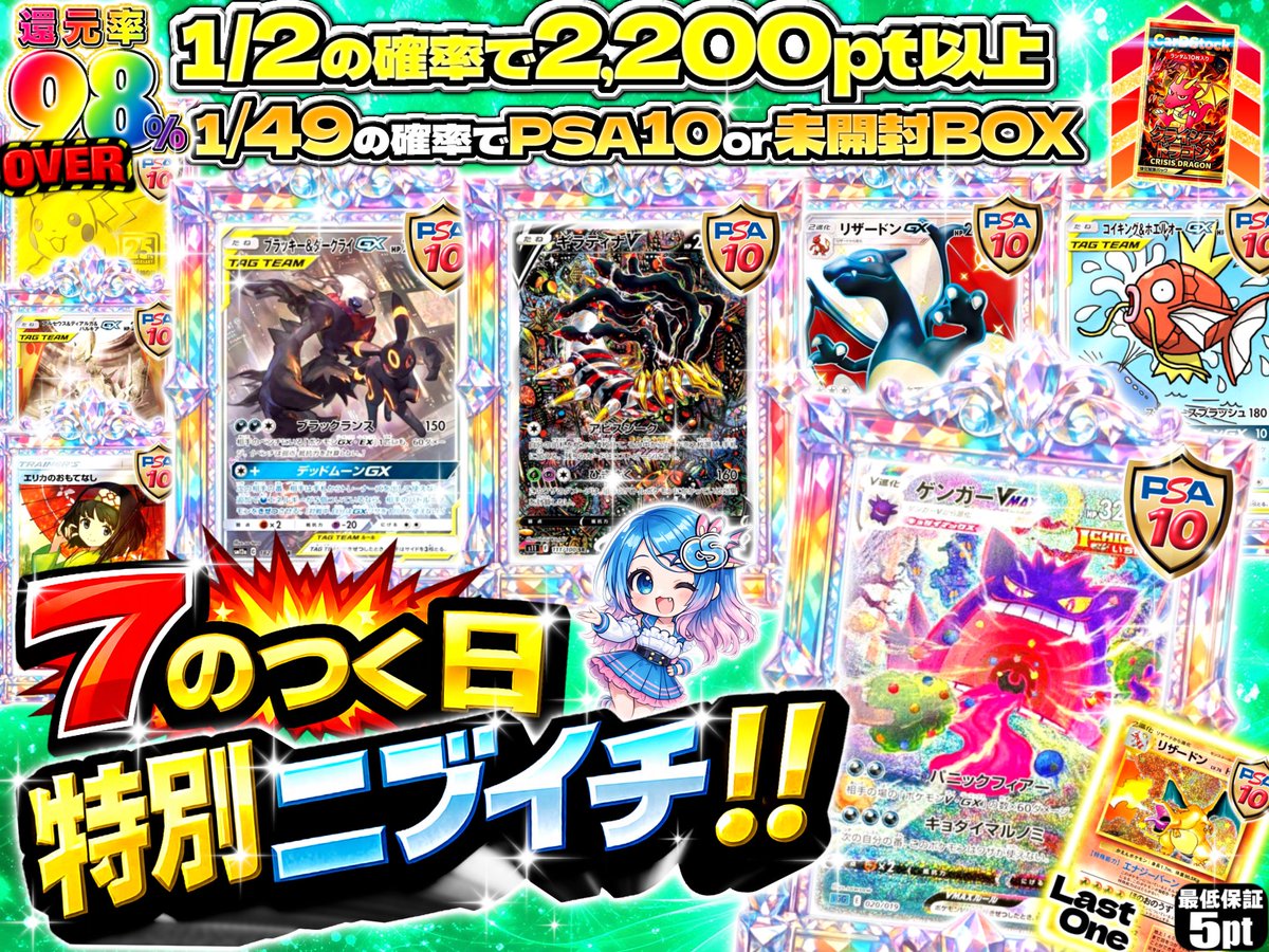 CarDStocK77's tweet photo. 🔥本日イベント日＆限定ガチャ公開🔥
🎁リポスト抽選で3,000ptプレゼント🎁

20時〜公開🎬
🎰I'mCARDSTOCKER-狂宴乱舞-🎰
60pt✖️100,000口限定〆
🤡還元率は驚異の???.80%🤹
🤡最強設定＝小役の落ち方注視👀
🤡とにかく連でぶん回そう👊

21時〜公開🎬
✨🐇Premium ALL⭐︎STARS🐇✨
485pt✖️20,000口限定〆
🏆還元率101%OVER⚠️
🏆1/1.9の確率で555pt以上⤴️
🏆1/99の確率で3等以上🎖️
🚨ラビット使い以上の方限定🚨
※1日500回限定になります

22時〜公開🎬
💥7のつく日特別ニブイチ💥
1,510pt✖️20,000口限定〆
❤️‍🔥還元率98%OVER😳
❤️‍🔥1/2の確率で2,200pt以上🌟
❤️‍🔥1/49の確率でPSA10or未開封BOX‼️

今夜は…
大人気ガチャ＆ランカー限定ガチャ＆イベントガチャの豪華三本立て🥇🥈🥉
熱過ぎ注意🚨
今夜もCarDStocKでお楽しみ下さい😌