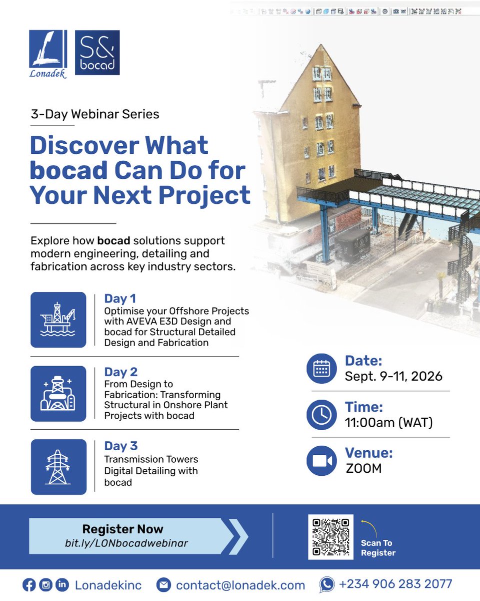 LonadekInc's tweet photo. Join our upcoming 3-Day bocad Webinar Series, hosted by @LonadekInc in partnership with Schuller & Company GmbH.
Date: September 9–11, 2026
Time: 11:00am WAT
Platform: Zoom
👉 Register via: https://t.co/fc9HnMieSX
#Lonadek #bocad #Engineering #Construction #DigitalConstruction https://t.co/ke75TtHwb4
