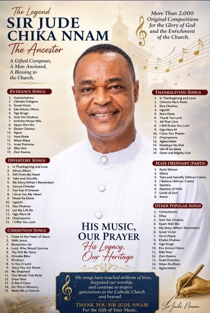 FrUgochukwu's tweet photo. Sir Jude Nnam has composed over 2,000 original pieces and liturgical choral works, in different languages, in over four decades of active sacred music composition.

He is widely known and reverred in the liturgical music community as the Ancestor. https://t.co/5LBcWeMAcV