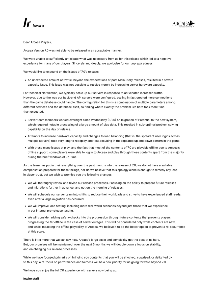 arcaea_en's tweet photo. A statement regarding the release of Arcaea 7.0. https://t.co/bfZAdG7nTt