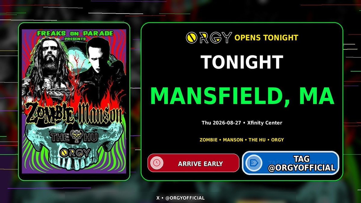 OrgyOfficial's tweet photo. Mansfield, MA tonight. Zombie, Manson, The Hu, and Orgy. Orgy opens at Xfinity Center. Get there early.

Tickets: https://t.co/joHIlbFYhq

VIP: https://t.co/2VUA0ovKmb

Tag @OrgyOfficial for reposts.
#OrgyOfficial #RobZombie #MarilynManson #TheHu #LiveMusic #FreaksOnParade https://t.co/1Dnk1JGNgD