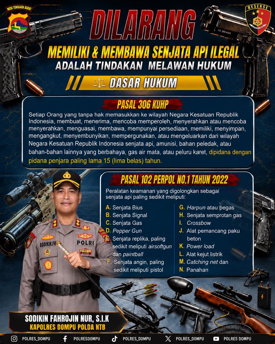 polresdompuntb's tweet photo. 🚫 DILARANG MEMILIKI &amp; MEMBAWA SENJATA API ILEGAL!

Kepemilikan dan membawa senjata api secara ilegal merupakan tindakan melawan hukum dan dapat dikenakan sanksi pidana. https://t.co/UFgZXWQZ9F