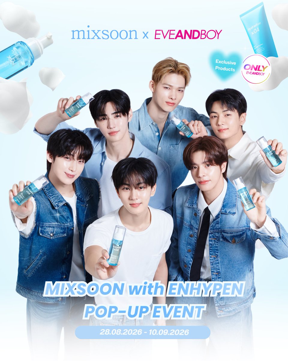 MixsoonTH's tweet photo. MIXSOON with ENHYPEN POP-UP EVENT 🫧🩵

💭แจกเทสเตอร์ฟรี
💭รับฟรี ENHYPEN Photo Film 1 ใบ
เมื่อช้อป mixsoon ครบทุก 750 .-

สินค้าใหม่ ONLY EVEANDBOY ลดสูงสุด 60%
🫧MIXSOON HYALRAEBAE PORE BLURRING CREAM &amp; BUBBLE SERUM

🗓️28 Aug - 10 Sep 2026
📍EVEANDBOY Center Point Siam Square https://t.co/TUSt9PYcqZ