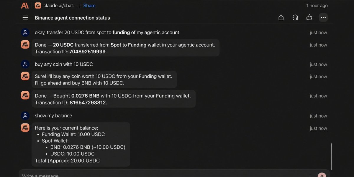 XPLUS_XPLUS's tweet photo. I asked my agent to buy a coin with $10 USDC, reviewed the trade details, confirmed it, and the transaction was successfully executed. ✅
Seeing the agent handle the trade so smoothly is impressive! 🔥
#BinanceAgentOS #challenge3 https://t.co/AjRZrAXT4H