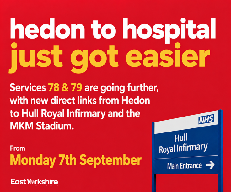 EYBuses's tweet photo. 📍 New direct links from Hedon!

From Monday 7th September, Services 78 & 79 will take you further into Hull, including direct links to Hull Royal Infirmary and the MKM Stadium.

Whether you're heading to an appointment, work or somewhere else across the city, you've now got more options for getting there by bus. 🚌

Find out more:
https://t.co/KJBMWyDFtg

#EastYorkshire #Hedon #Hull #BusTravel