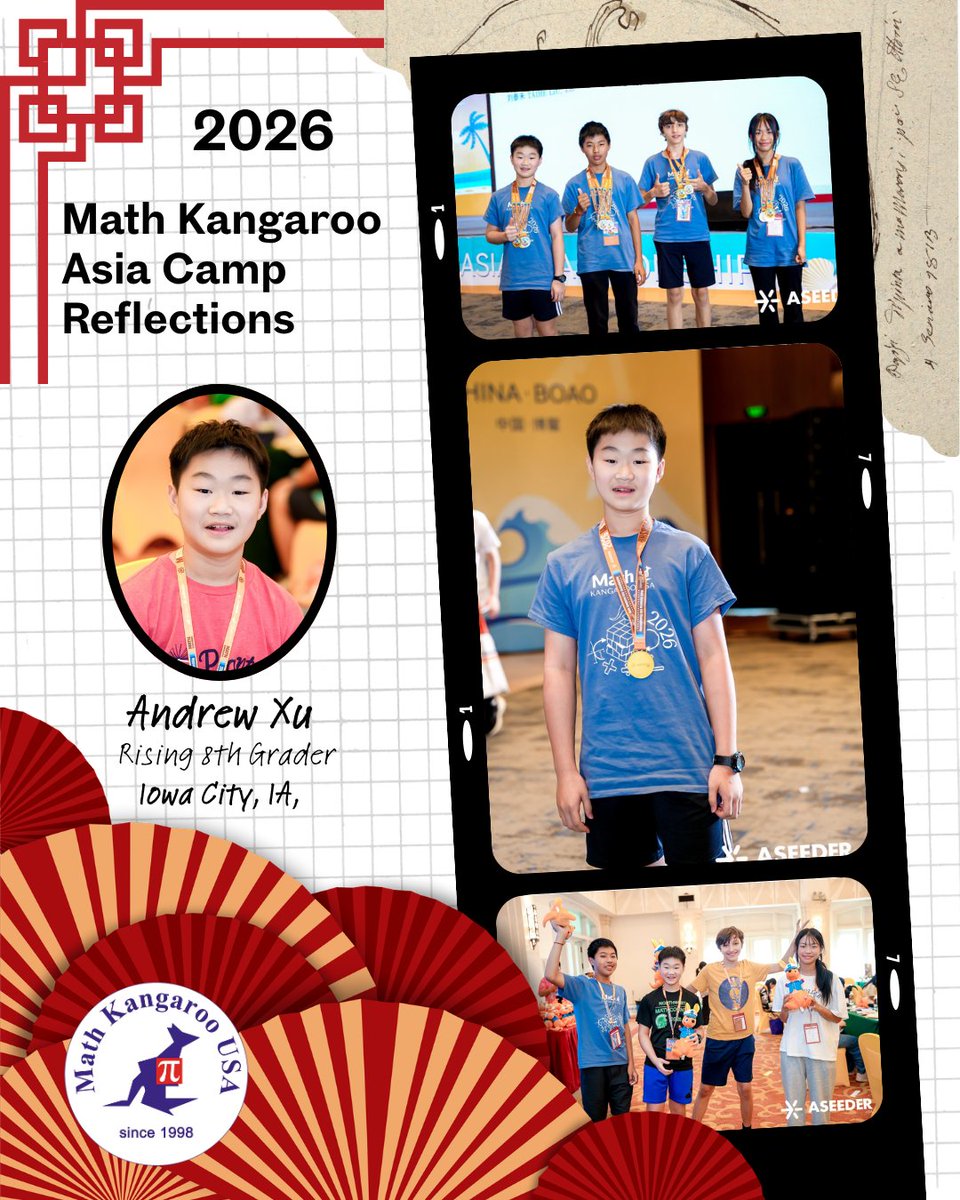 UsaKangaroo's tweet photo. Spotlight: 2026 #MathKangaroo Asia Camp Reflections! 🌟 Andrew Xu shares his experience in Hainan, China! 
"The Crossnumber and Guts rounds were very interesting and exciting... The exciting competitions, enjoyable activities, .... all contributed to a wonderful experience." 🦘✨ https://t.co/3U3ofBLY5b