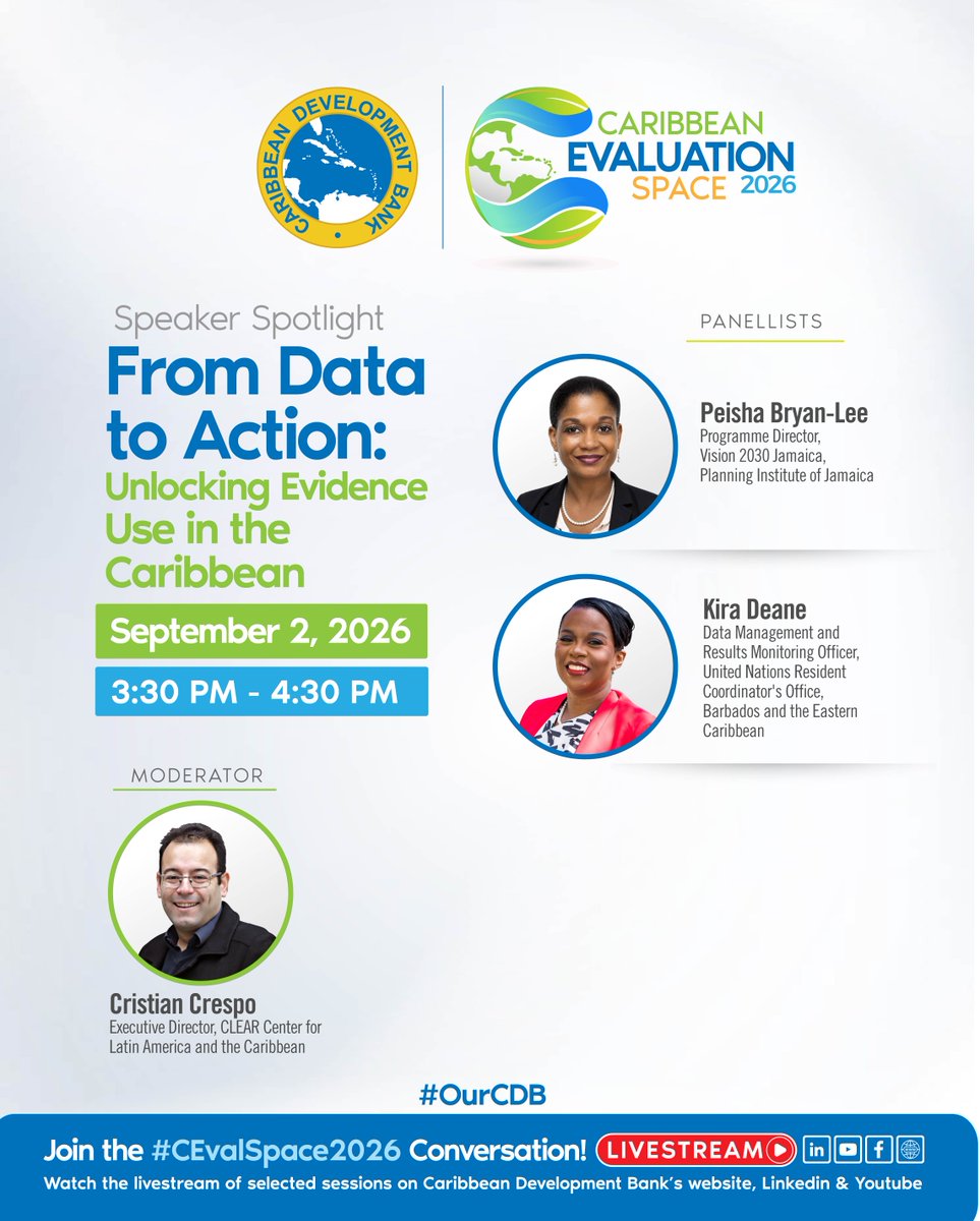 Caribank's tweet photo. 📊 Generating evidence has never been the hardest part. Getting anyone to actually act on it is.

This plenary names the real barriers, most of them not technical, standing between data and decisions in the Caribbean. It's a practical look at what it actually takes to move from information to action.

From Data to Action: Unlocking Evidence Use in the Caribbean
📅 September 2, 2026 |3:30–4:30 PM
🔴 Watch Live & Get More Info 👉https://t.co/hVzc7UEQFh

#OurCDB #CEvalSpace2026 #StrongerInstitutions #EvaluationMatters #CaribbeanDevelopment