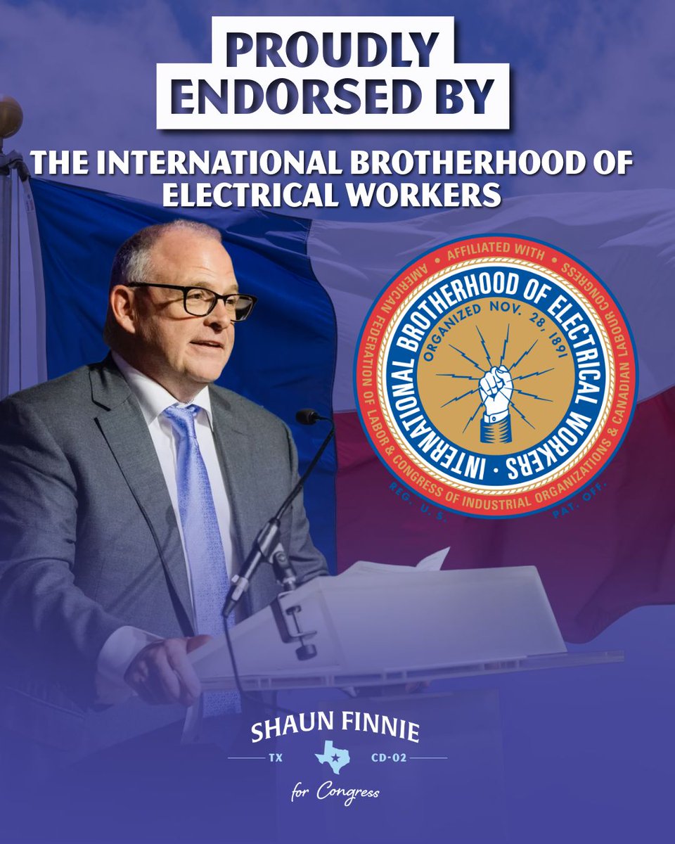 shaunfinnie's tweet photo. Honored to have earned IBEW Local 716's endorsement. Their members build and maintain the electrical infrastructure that Texas depends on. Representing working families means fighting for the policies they need, not just talking about them. #IBEW #texaspolitics #texasdemocrats #houstontx #thewoodlandstx