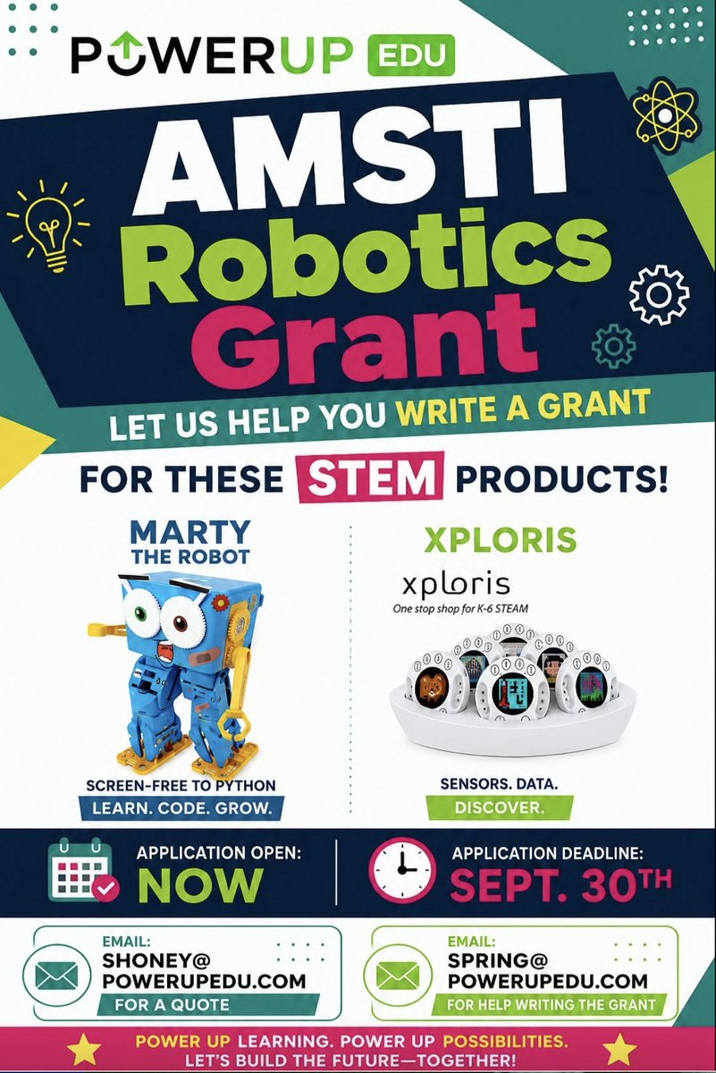 powerupedu's tweet photo. 🤖💡 Power Up Your Classroom with the AMSTI Robotics Grant! Apply now with @powerupedu's help. ✅ Applications Open - https://t.co/BWtnvK7Te7 📅 Deadline: September 30 #AMSTI #STEMEducation #RoboticsEducation #EdTech #FutureReady #PowerUpEDU #STEAMLearning https://t.co/ubiEUiqMvE