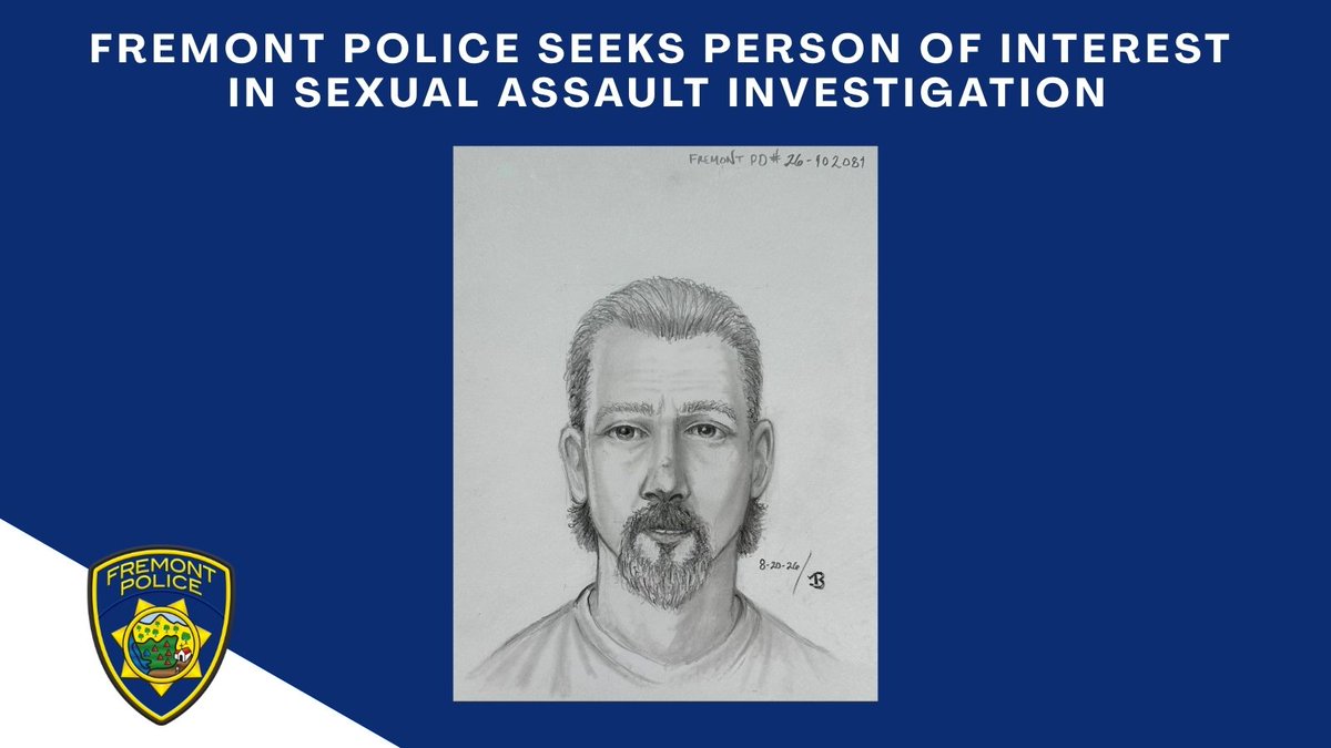 FremontPD's tweet photo. Press Release: Fremont Police Seeks Person of Interest in Sexual Assault Investigation

Fremont Police Department is seeking the public's help in identifying a person of interest in connection with a sexual assault that occurred at a local hotel on August 16, 2026, at 1:30 p.m.

The person of interest is described as an adult male with a medium complexion, 40 to 50 years old, tall in stature, and of a thin build. His hair was described as dark with some gray, mid-neck to shoulder length, and fell below his ears. He has light brown or green eyes and may have a mole or bump on the bridge of his nose. The person's race is unknown; however, he could possibly be Hispanic or of mixed race. 

A composite sketch has been developed based on witness information and identifying features and is included in this post.

This individual is considered a person of interest and is being sought for questioning. The investigation is ongoing, and no charges have been filed at this time.

Anyone who recognizes this individual, has information about his identity or whereabouts, or who may have witnessed related activity in the area is asked to contact Crimes Against Persons Detectives at the Fremont Police Department at 510-790-6900.

Incident: Seeking Person of Interest in Sexual Assault Investigation
Location: Hotel in the 40000 block of Lakeview Boulevard, Fremont  
Date/Time of Incident: August 16, 2026
Media Contact: FremontPDPIO@fremont.gov    

###