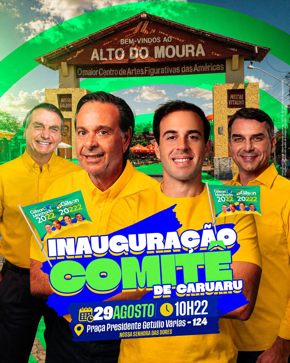 gilsonmachadont's tweet photo. Estamos chegando a CARUARU! 🇧🇷

A Capital do Forró vai ganhar um Comitê Bolsonarista Raiz! 💚💛

Esperamos todos vocês para a grande inauguração, com a presença dos nossos deputados @gilsonmachadont e @gilsonmachado22!

📅 Dia 29 de agosto
⏰ Às 10h22

Contamos com vocês! 🇧🇷

📍Praça Presidente Getúlio Vargas, 124