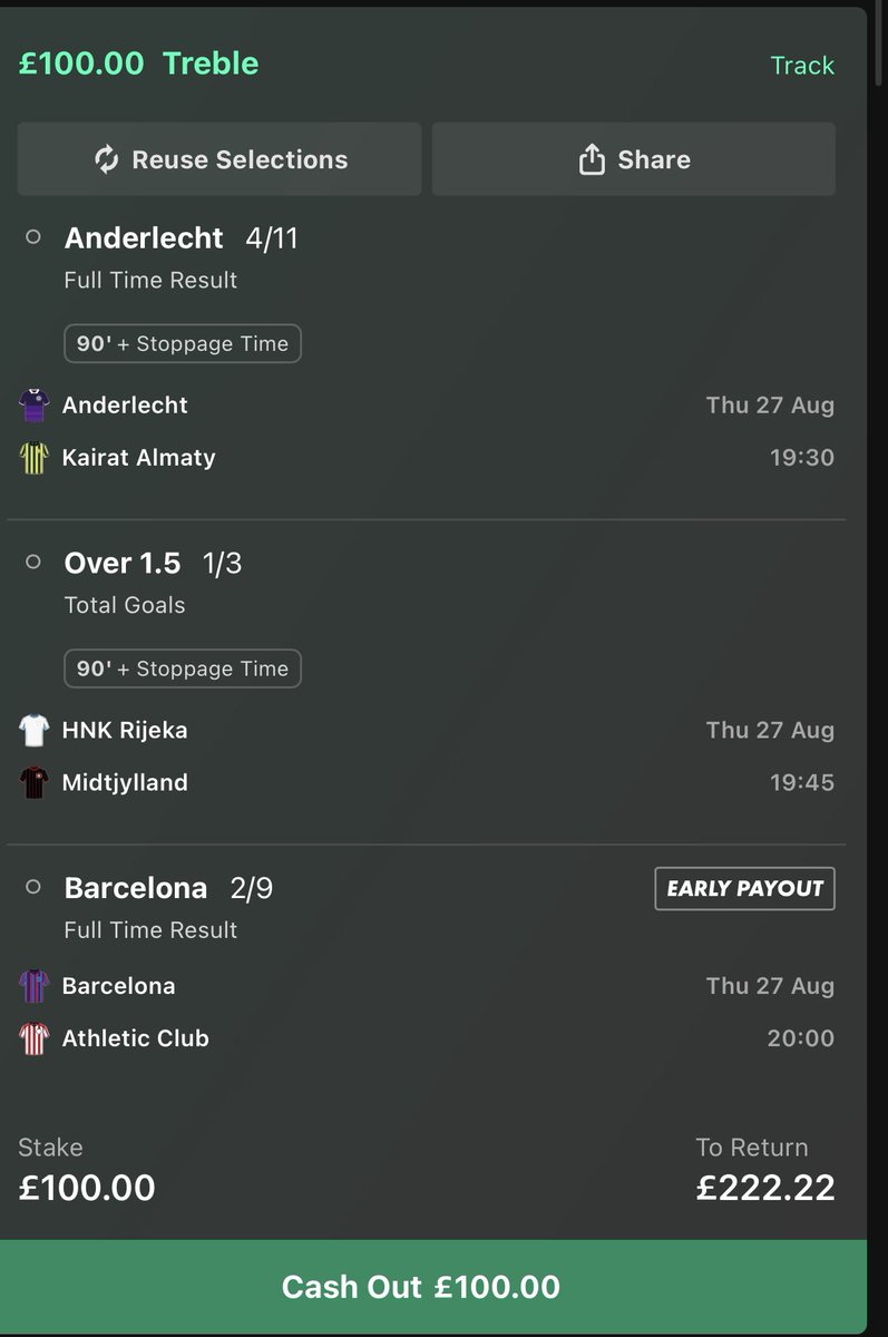 choicebetsuk's tweet photo. 🔥 TONIGHT’S BANKER TREBLE 🔥

⚽ Anderlecht — WIN @ 4/11
⚽ Rijeka vs Midtjylland — Over 1.5 Goals @ 1/3
⚽ Barcelona — WIN @ 2/9

💰 £100 → £222.22

Three strong selections for tonight

⭐ BANKER TREBLE
💥 LET’S GET IT DONE!

#FootballTips #BankerTreble #FootballBetting #Acca #BettingTips #Anderlecht #Barcelona #Midtjylland #ChoiceTips