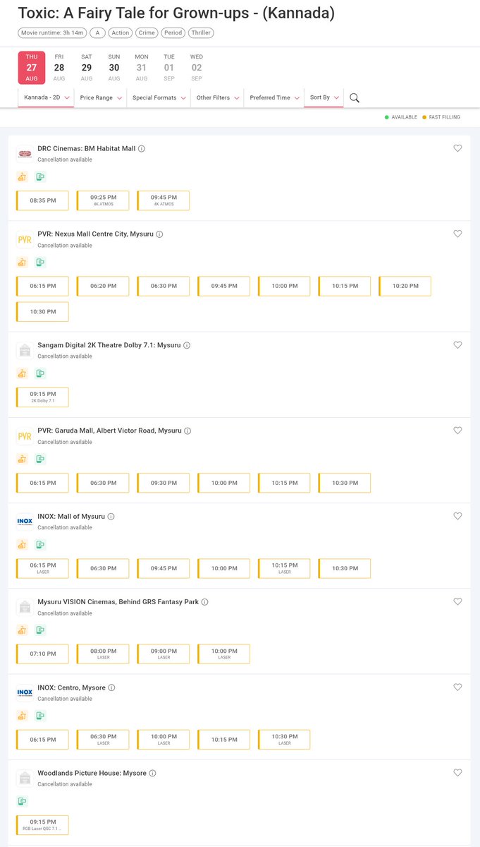 KA_Talkies's tweet photo. #ToxicTheMovie Advance Bookings for the Upcoming shows in Mysuru City 👌💥 https://t.co/q1JCbs0AFV