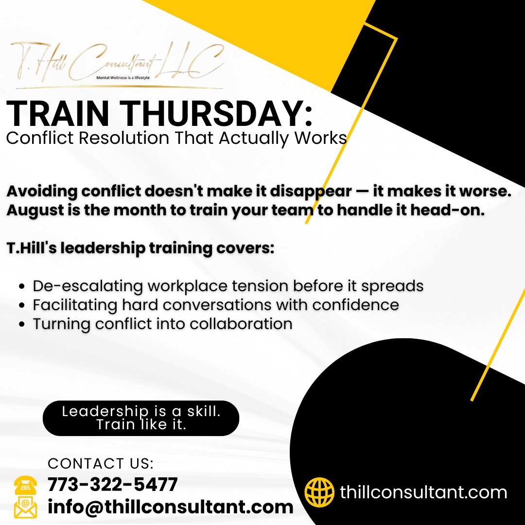 Thillconsultant's tweet photo. 📞 773-322-5477
📧 info@thillconsultant.com
🌐 https://t.co/ljhNlC1kpC
 
Stay sharp this summer. Book your training today.
 
#TrainThursday #LeadershipTraining #ConflictResolution #THillConsultant #ProfessionalDevelopment #MentalWellnessIsALifestyle https://t.co/mx7BxyEu59