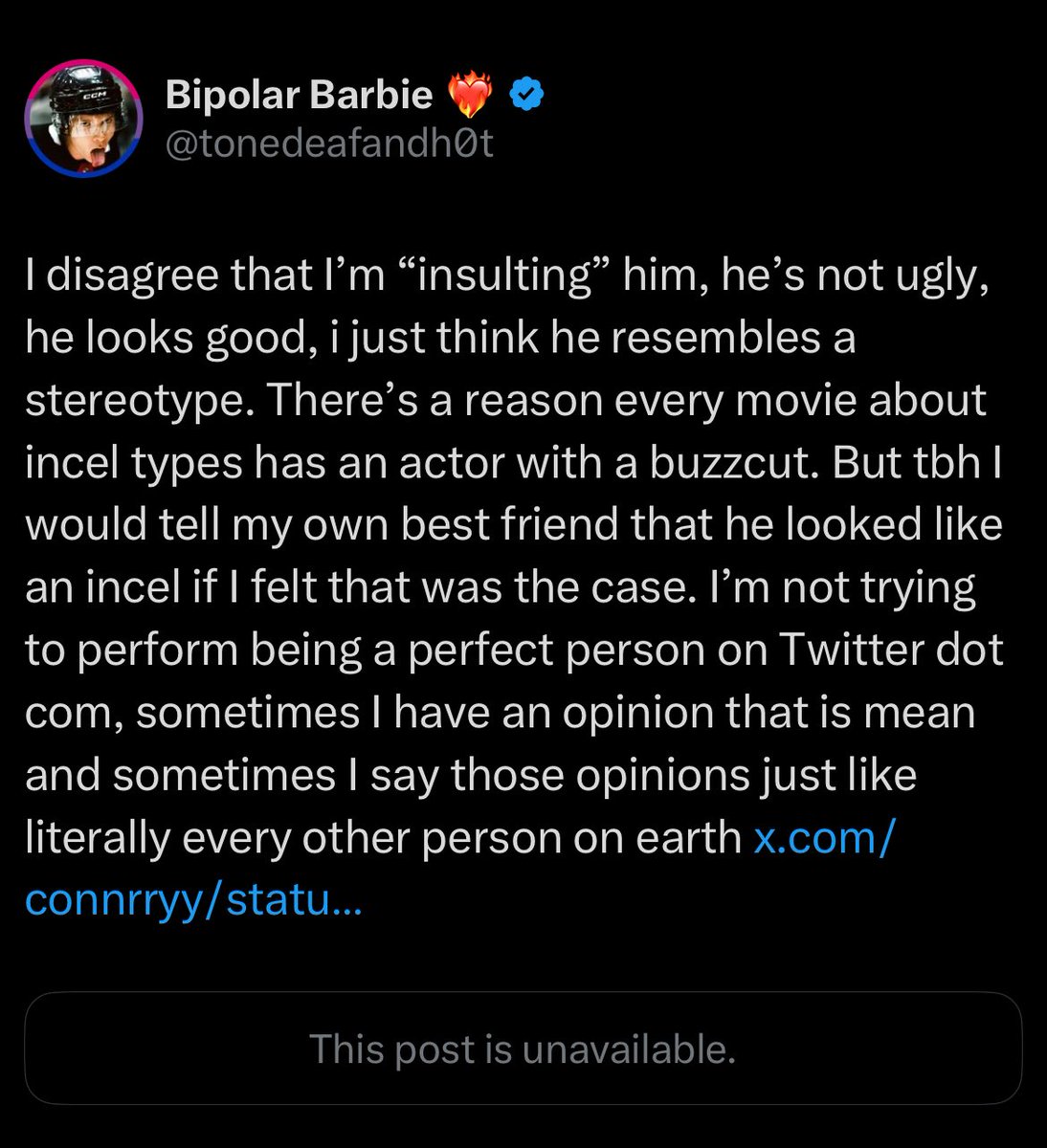 snoopyonline's tweet photo. can any mutuals who still follow this insane person @tonedeafandh0t unfollow or i'm assuming you also think everyone with a buzzcut is an incel nazi. all this over a HAIRCUT you need to get a fucking life https://t.co/oWBQOy6Ixb