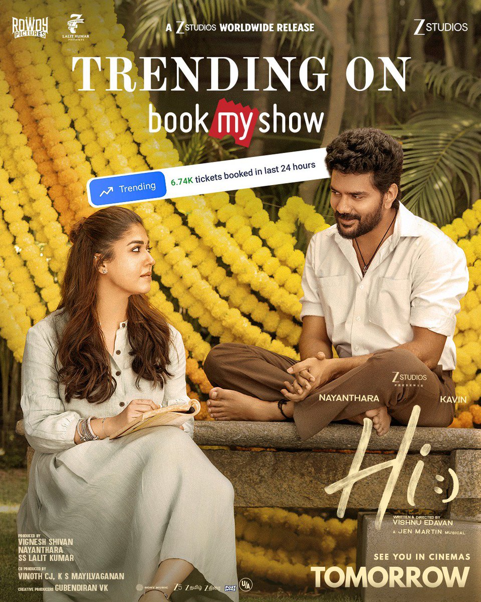 KollywoodCinima's tweet photo. HI, TOMORROW! ❤️✨ The wait is almost over! 🎬🔥

#HiMovie RELEASING TOMORROW! ❤️‍🔥 The season’s most heartwarming and fun-filled entertainer arrives in theatres on AUGUST 28!

Get ready to say HI with #Nayanthara & @Kavin_m_0431! ❤️🥰

🎬 Directed by @VishnuEdavan1
🎶 Music by @JenMartinmusic

@ZeeStudios_ @zeestudiossouth @Rowdy_Pictures @7screenstudio @shuklarajesh248 @philoedit #NileshDeorah @girishjohar #AmeetBhuvan @TheVinothCj @SonyMusicSouth @adithya_kathir @proyuvraaj