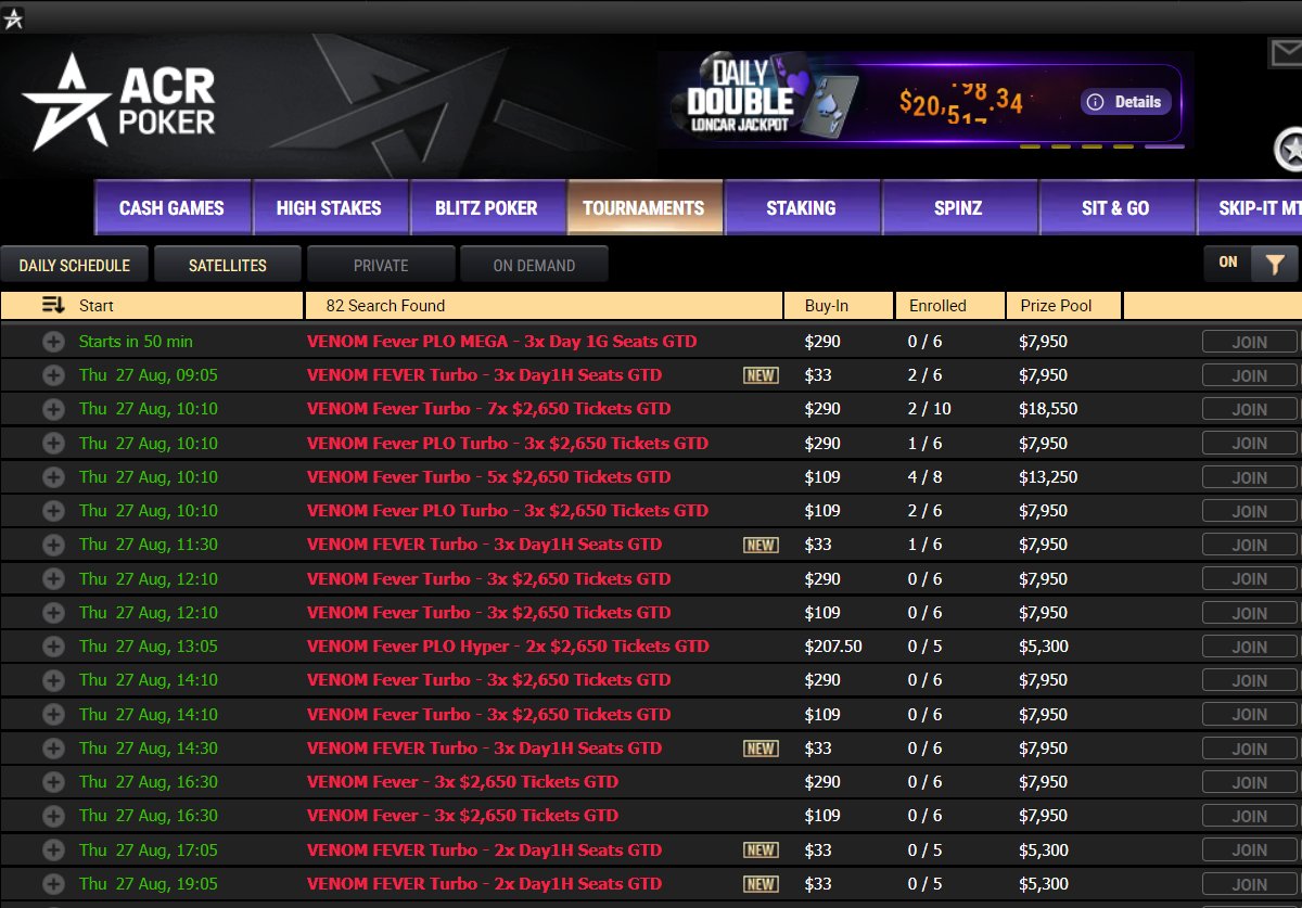 ACR_POKER's tweet photo. 🔥 HUGE OVERLAY ALERT... IT’S VENOM DAY! 🕷️

There are only a few chances left to get your piece of the $15M GTD Venom Mystery Bounty.

And TODAY is one of them. 💥

💰 $2,650 buy-in holding you back?
There are Mega Satellites running ALL DAY, and they’re overlaying too.

It’s never been easier to take a shot at a Venom seat for a fraction of the buy-in.

You can still chase a BIG score today. 🤑
We’ve loaded up the schedule with juiced prize pools across all buy-in levels

Venom Day is here. Time to play. 😤

👇 Check out the schedule below.
