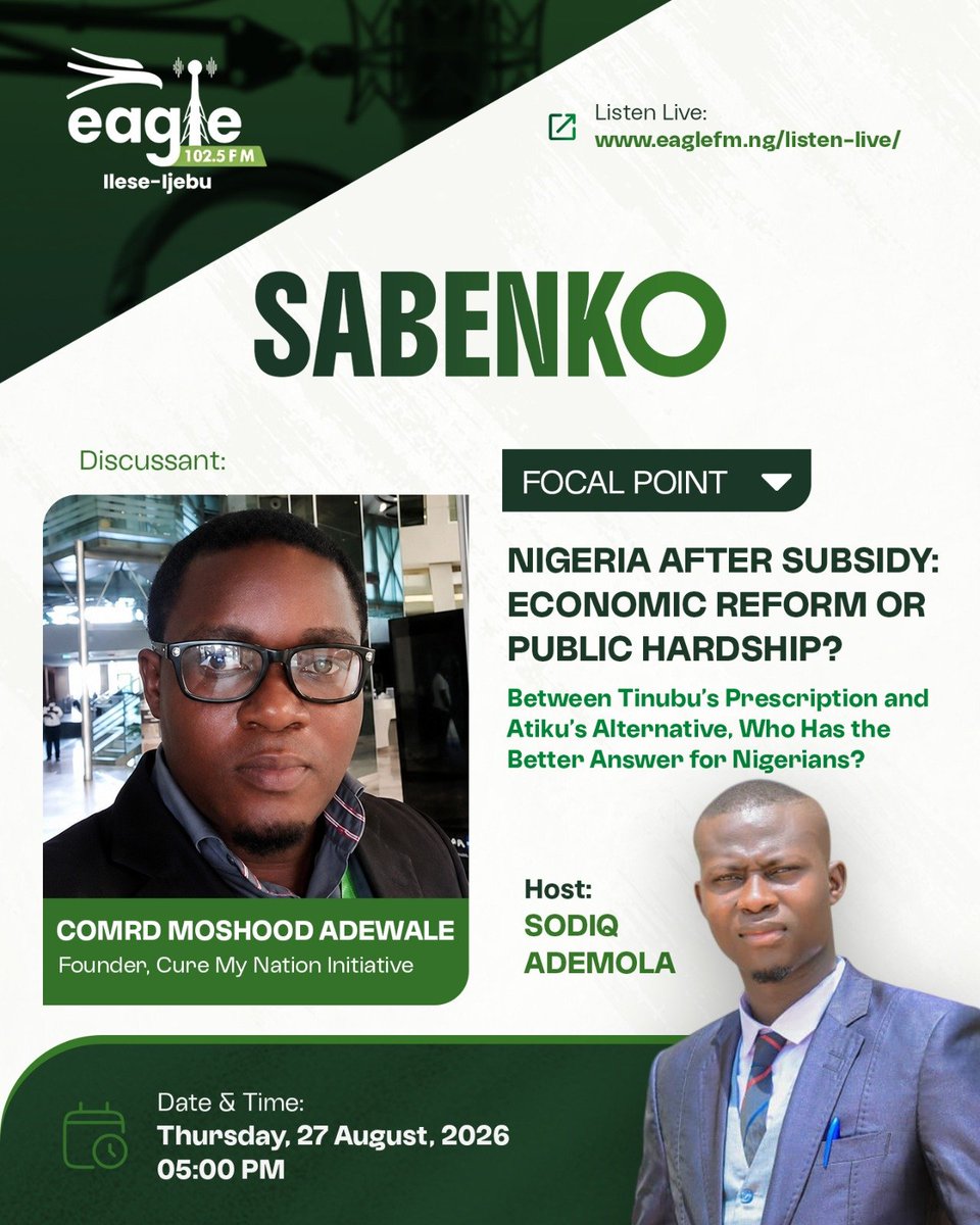 curemynation's tweet photo. *🎙️TODAY 27th OF AUGUST, ON SABENKO!*

Join us live on Eagle 102.5 FM, Ilese-Ijebu, as we host *Comrade Moshood Adewale, Founder Cure My Nation Initiative* , as he shares insight in a thought-provoking conversation on:
*"Nigeria After Subsidy: Economic Reform or Public Hardship? https://t.co/Re4SES5iQg