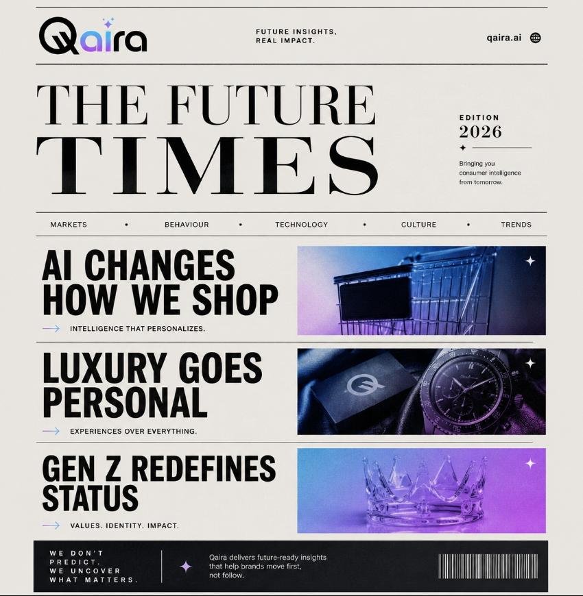 Qairabyquest's tweet photo. The future leaves signals before it becomes reality.

AI, luxury, Gen Z and emerging technologies are already reshaping consumer behavior.

The question isn't what's changing?

It's what comes next.

#FutureTrends #ConsumerTrends #QairaAI https://t.co/YJMqPDXDuR