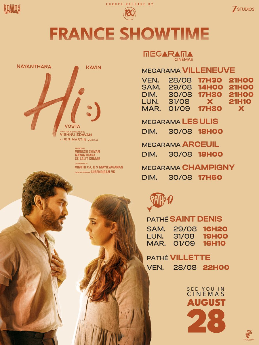 KollywoodCinima's tweet photo. FRANCE, IT’S TIME TO SAY HI! 🇫🇷❤️‍🔥

#HiMovie hits theatres TOMORROW! 🎬🔥 The season’s most heartwarming and fun-filled entertainer arrives on AUGUST 28! ❤️✨

Featuring #Nayanthara & @Kavin_m_0431 ❤️
🎬 Directed by @VishnuEdavan1

🎟️ "Book your tickets now" (https://reference-url-citation.invalid/0)

#HiMovie ❤️‍🔥🎬