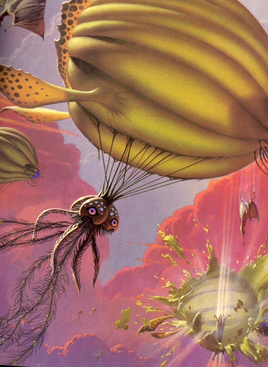 alexriesart's tweet photo. Alien of the Day:

Jellyblimps hunted by Sword-tails in the high atmosphere of Jupiter.  

The floating gas-bag is a classic speculative trope in creature design... one I enjoy exploring myself!  

From the 'National Geographic Picture Atlas of our Universe' by Roy A. Gallant https://t.co/6WqwXtG3sL