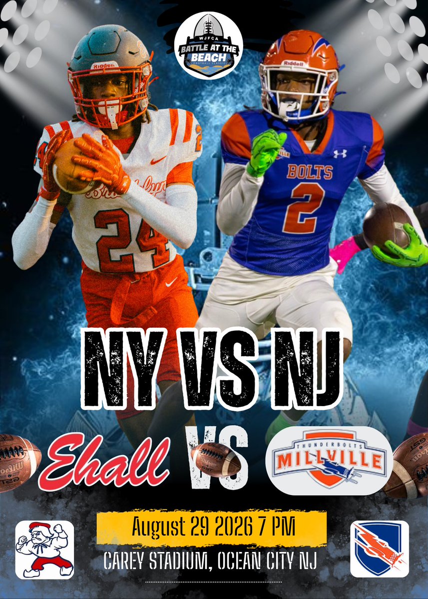 EhallFB's tweet photo. Battle at the Beach.
PRIMETIME. SATURDAY NIGHT.
Taking on the #14-ranked team in NJ
#DFL #ehallnation #battleathebeach 

🆚: Millville
📆: Saturday, August 29th, 2026
⏰: 7PM Kickoff
📍: Carey Stadium (Ocean City, New Jersey)
🎟️:https://t.co/IqaoUdEN55
📺:https://t.co/fjEOBVzDRr https://t.co/cox8mAlwVO