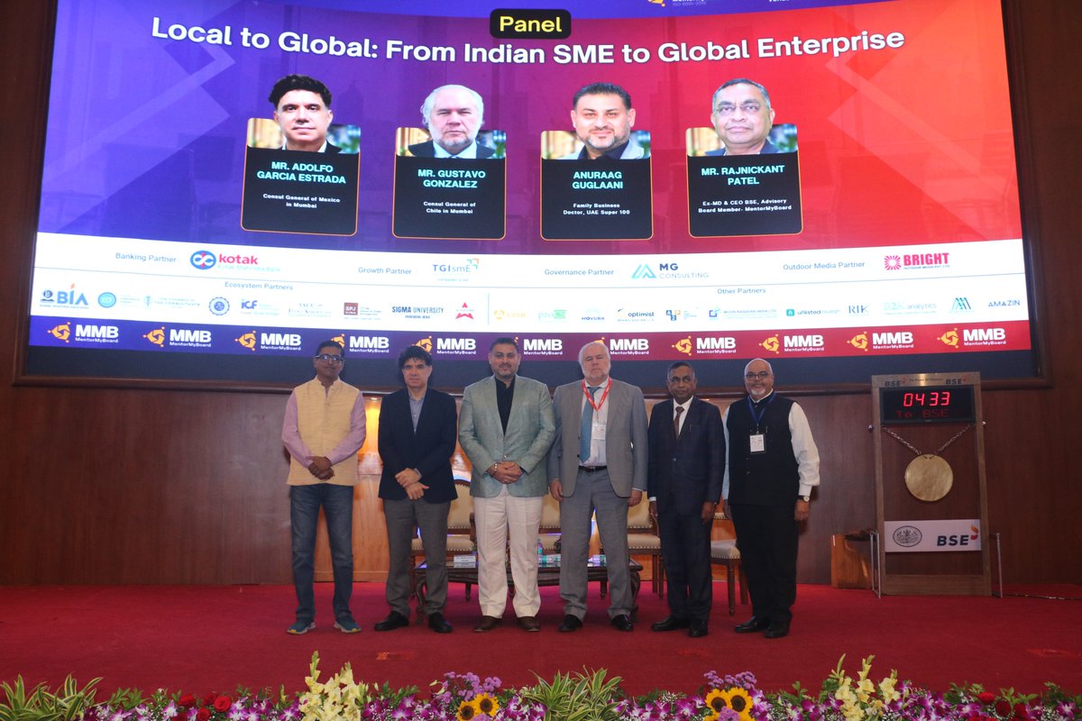 ConsulMexMumbai's tweet photo. 🇲🇽🇮🇳 We participated in the “Local to Global” panel at the SME Governance Summit 2026, organized by Mentor My Board and the Bombay Stock Exchange.

We presented #PlanMexico to more than 150 Indian SMEs and highlighted how Mexico can serve as a strategic platform for their growth. https://t.co/uVeNRfoxoC