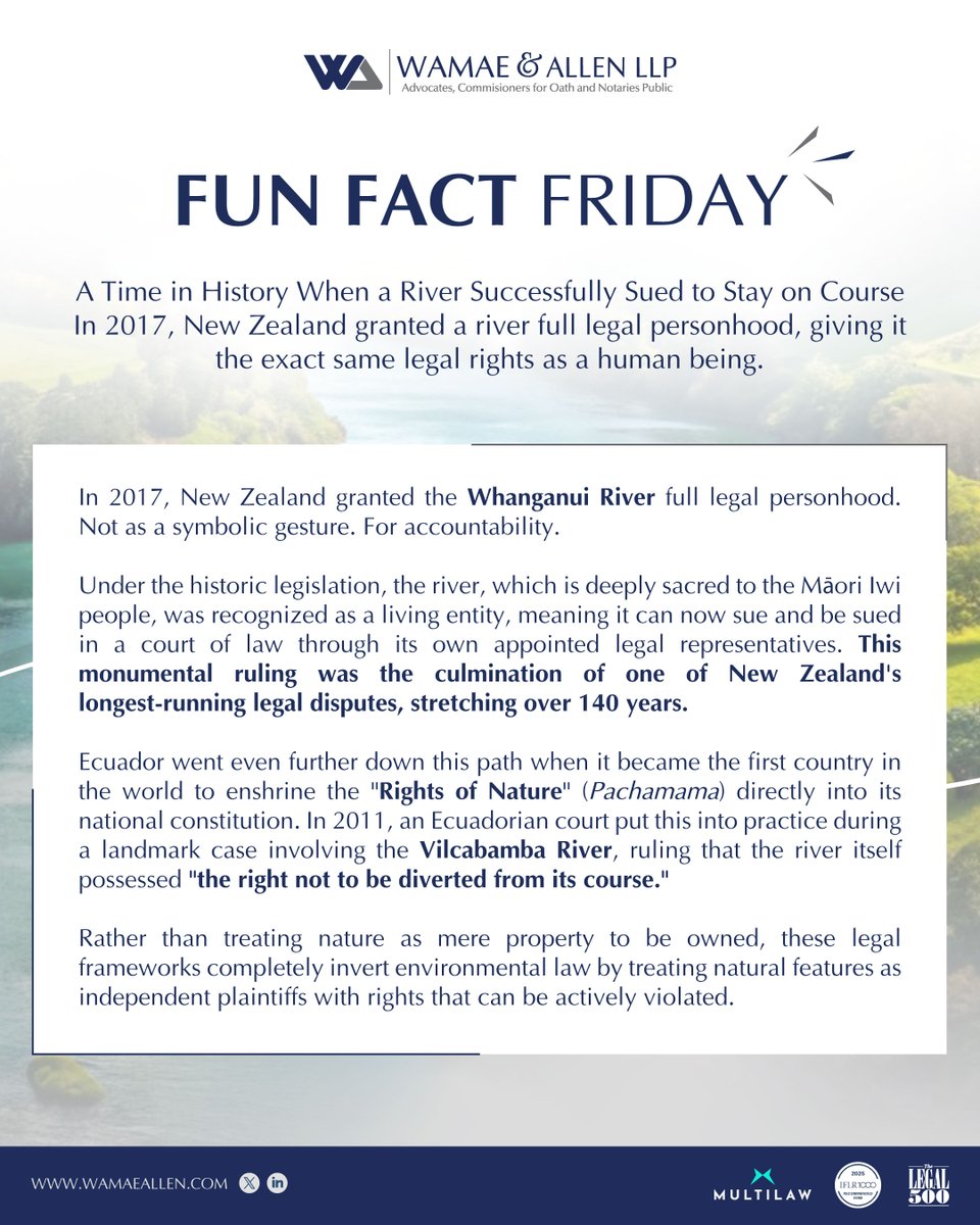 WamaeAllen's tweet photo. 💡FUN FACT FRIDAY💡

What happens when a river becomes a legal person and nature gained a voice in court.?

In 2017, New Zealand made history by granting the Whanganui River full legal personhood.

And yes—it can sue and be sued.

#FunFactFriday #LegalHistory https://t.co/Se8XCbe0j5