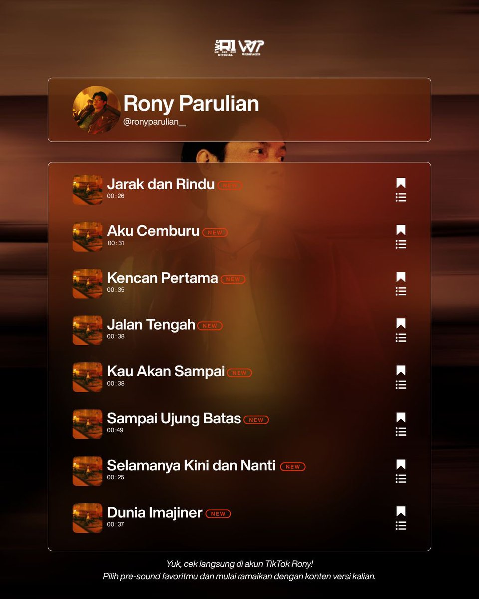wer1pages's tweet photo. It’s Finally Here! Pre-Sounds #DuniaDanSeisinya Out Now! ✨

Pre-sound dari Album Ke-2 #RonyParulian sudah ada di TikTok. Ini waktu yang tepat buat para content creator untuk upload konten sebanyak-banyaknya.

Time to create, WeR1! 👏 https://t.co/wE8vK8UIBL