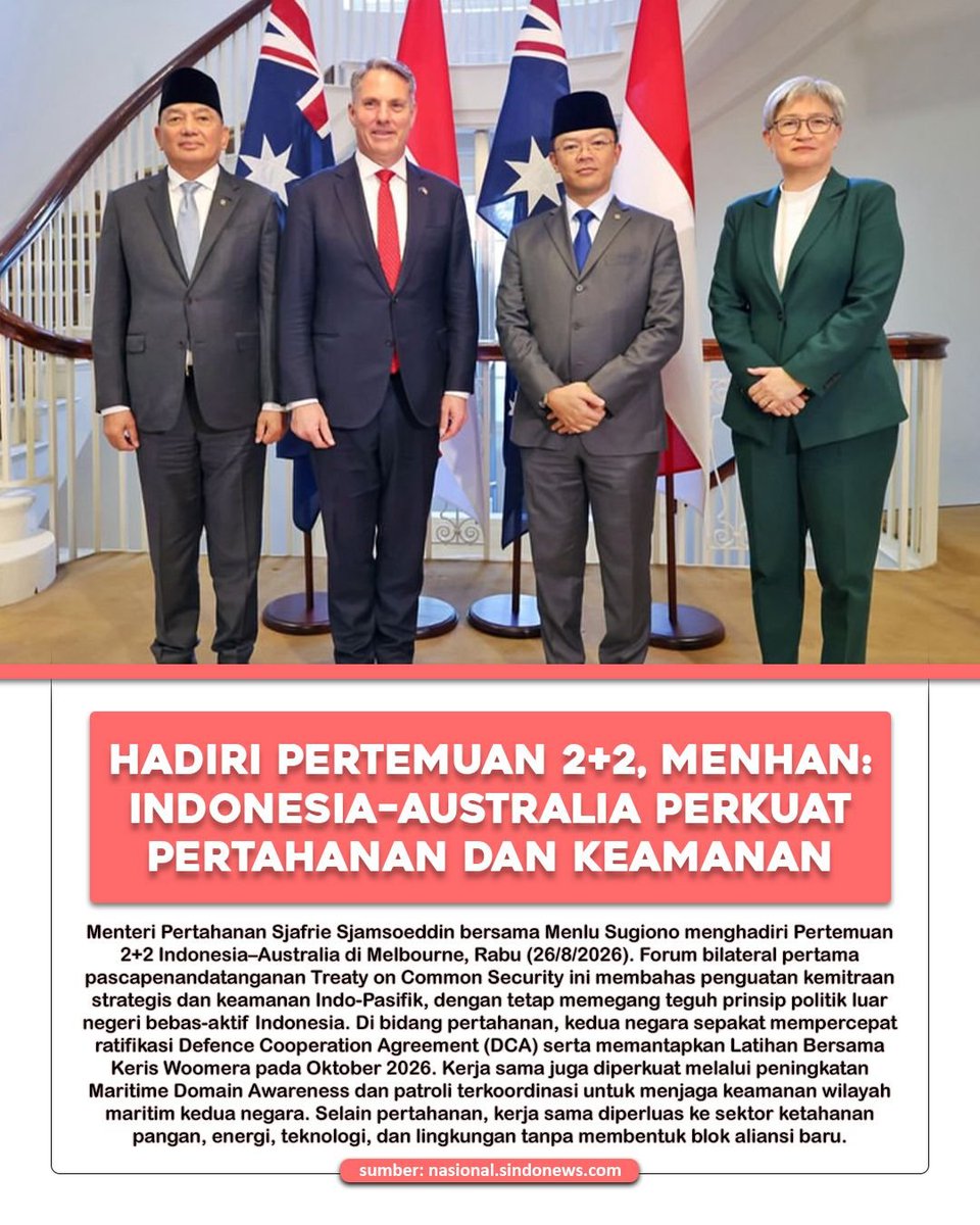 putriihappyy's tweet photo. Bukan cuma pertahanan! Kerja sama Indonesia-Australia juga diperluas ke sektor ketahanan pangan, energi, teknologi, dan lingkungan dalam Pertemuan 2+2 terbaru. Kolaborasi lintas sektor untuk masa depan yang lebih baik bagi kedua negara. https://t.co/QG7VLA8Xov