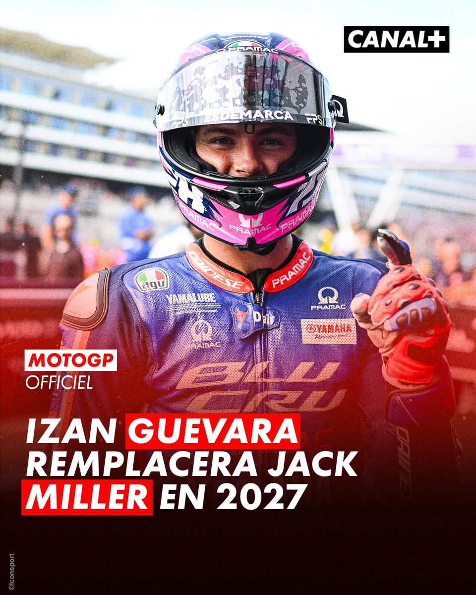 CanalplusMotoGP's tweet photo. 🚨 Nouvelle officialisation en vue de 2027 !

Le rookie Izan Guevara remplacera Jack Miller chez Pramac Yamaha ! #MotoGP #AragonGP https://t.co/n6MulaPlfq