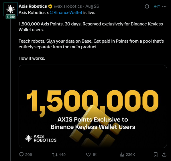 0xValmir's tweet photo. Axis x Binance Wallet, short version

One signed trajectory gets you the badge
That's the entire barrier

- Install the Binance Wallet extension
- Add Keyless Wallet, connect through the Binance app
- Open Axis Hub and log in with Keyless
- Alliance tab, pick Binance Keyless Wallet
- Complete one task
- Go to Portfolio and sign the trajectory on Base

Keep a bit of Base ETH in there for the fee
That's exactly where most people quit

750k points per cycle, 20k tasks daily, first come first served

https://t.co/LU3PdBMQtI