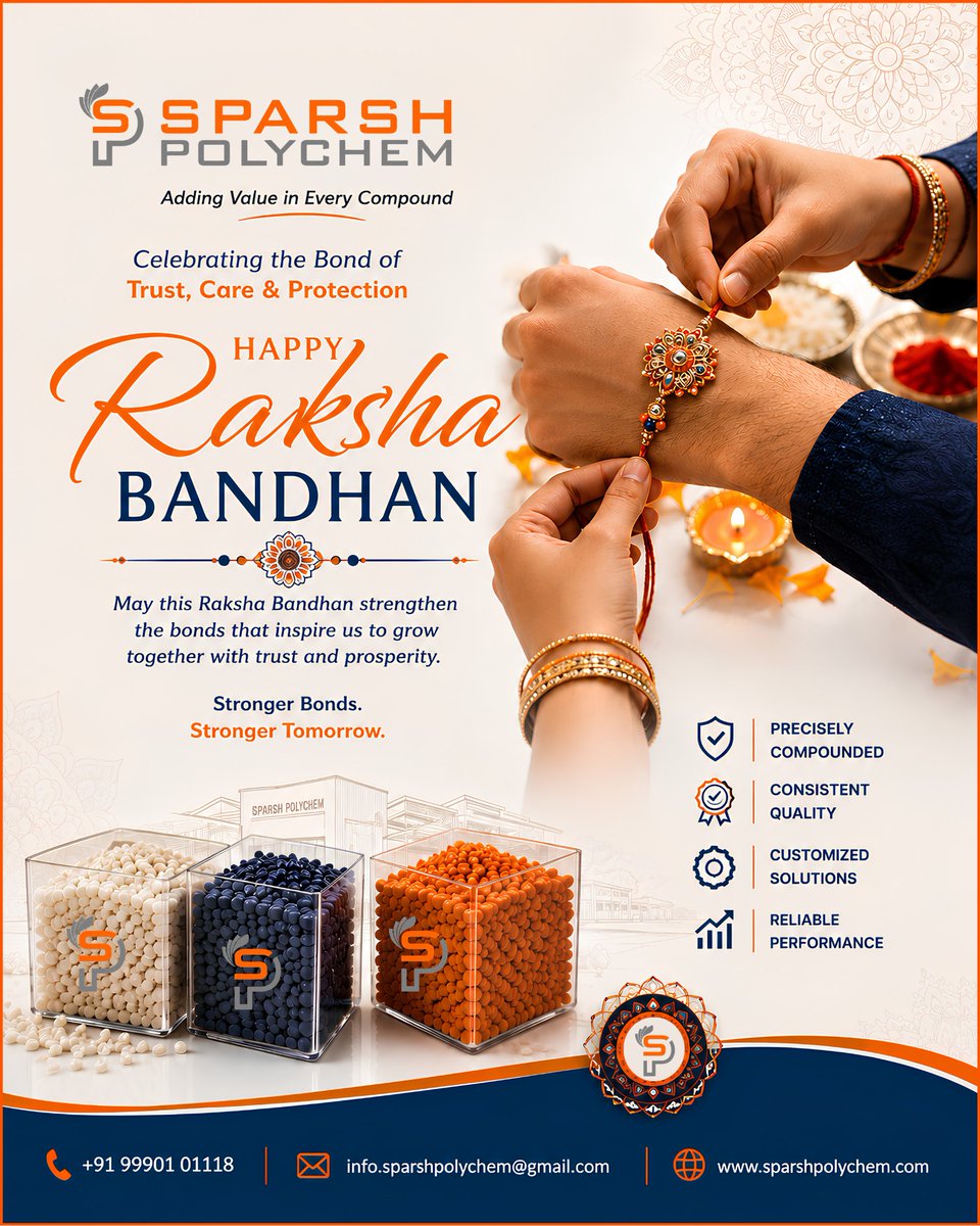 SparshPolychem's tweet photo. ❤️🌸 Happy Raksha Bandhan! 🌸 
At Sparsh Polychem, we bring the same values to our customer relationships through consistent quality, customized polymer solutions and reliable performance.
Strong Bonds. Stronger Partnerships.

#RakshaBandhan #SparshPolychem #EngineeringPlastics https://t.co/0htHF92fZ8