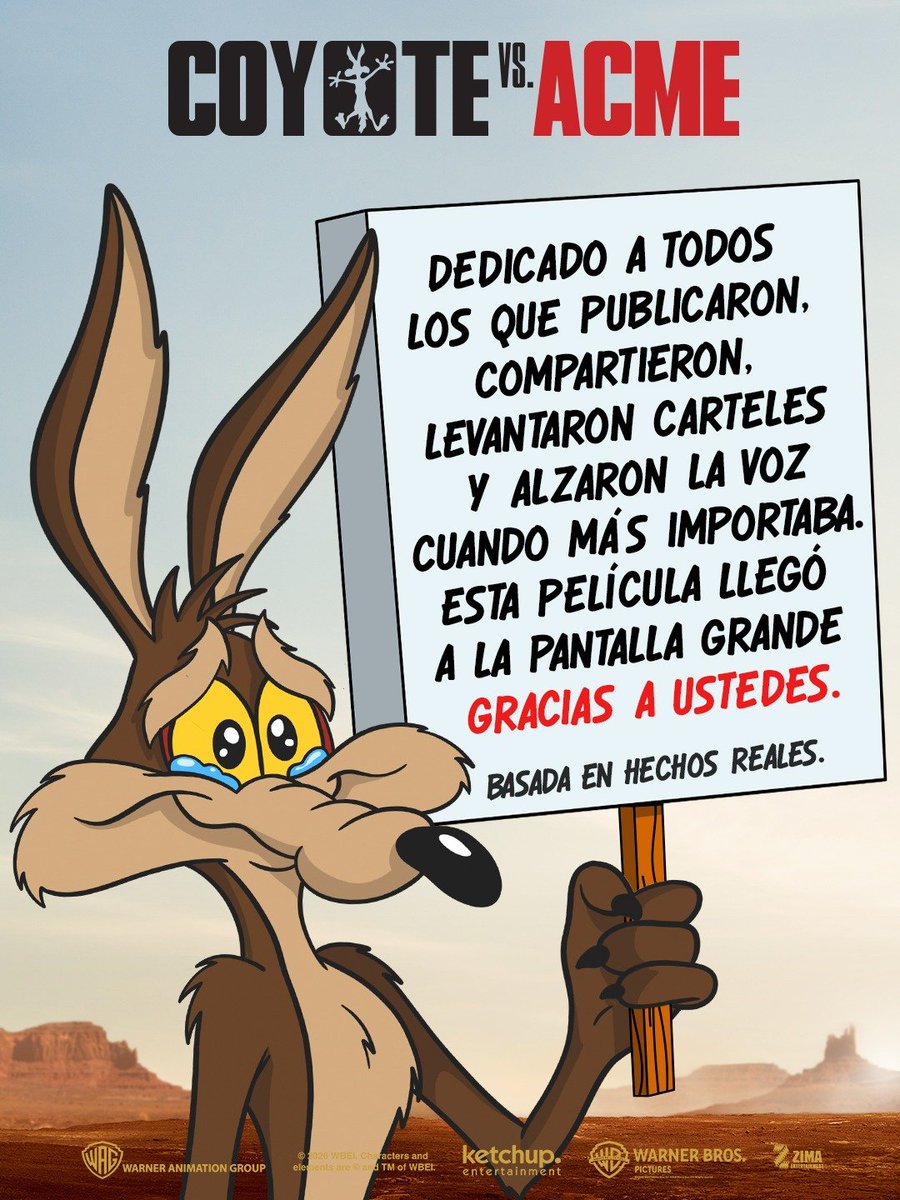 ZimaEnt's tweet photo. Gracias a todos los que creyeron, compartieron y lucharon por esta película. 🥹💥

Hoy el Coyote por fin llegó a la pantalla grande. ❤️

¡Esto es gracias a ustedes! 🐺🎬

#CoyoteVsAcme ¡YA EN CINES! https://t.co/P72TcfEaf5