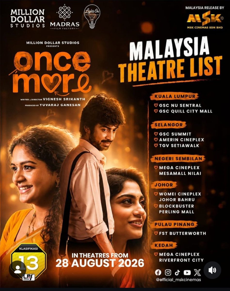 KollywoodCinima's tweet photo. #OnceMore — FROM TOMORROW! ❤️‍🔥🎬

Exclusive Overseas Theatre Listings & Rating Poster are here! 🌍✨ Get ready to experience this refreshing entertainer on the big screen.

#OnceMoreFromTomorrow

@isrikanthmv @heshamawmusic @iam_arjundas @AditiShankarofl @OlickalSona @editorNash @MillionOffl @Foxy_here03 @Yuvrajganesan #KollywoodCinima @proyuvraaj