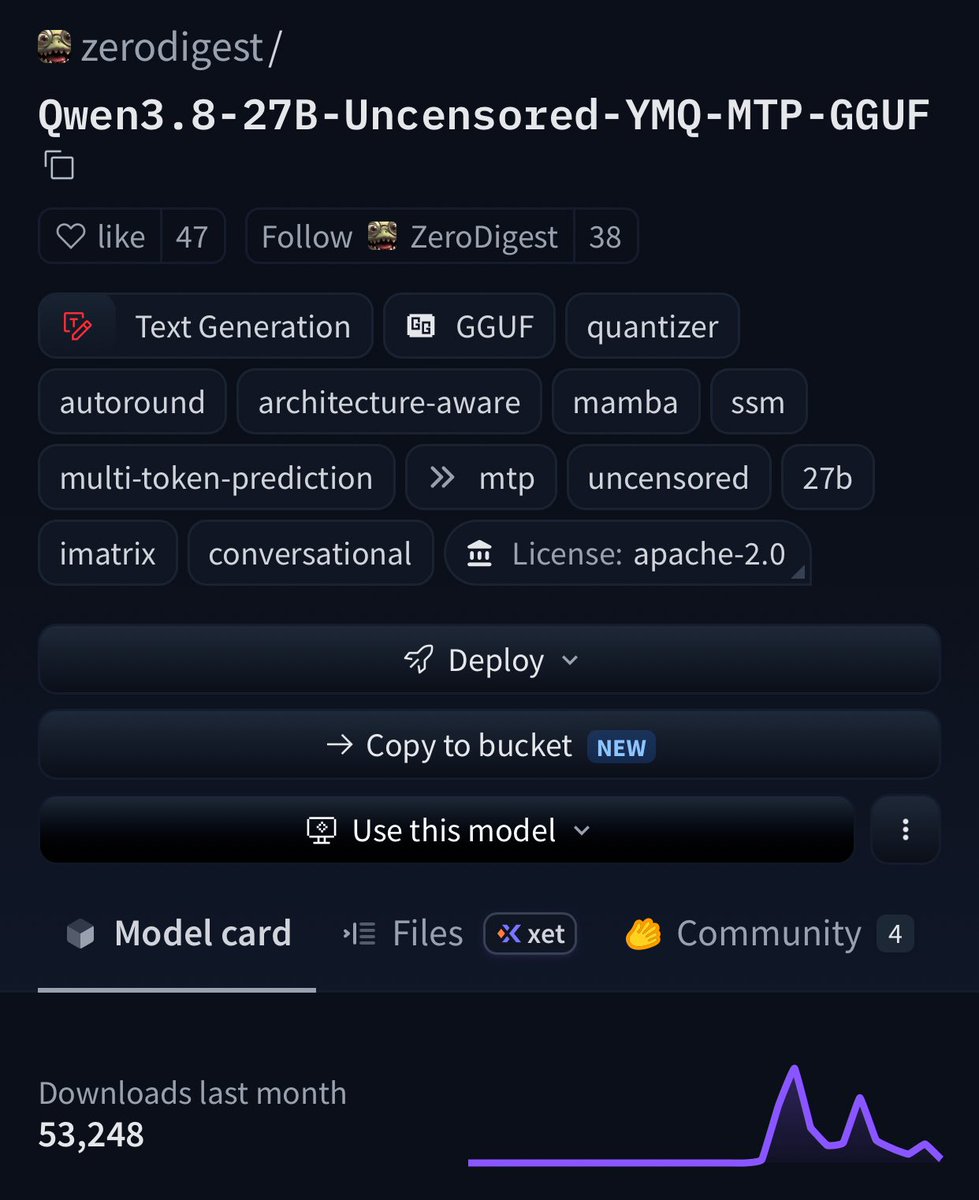 0x0SojalSec's tweet photo. You can now run Uncensored Qwen3.8-27B locally on 16GB cards that actually speed, no refusals. 

- Most GGUFs kill MTP, This one didn’t, 
-  Architecture-aware quant + no refusals. 
- This one keeps the hybrid stack, keeps multi-token prediction, and uses architecture-aware mixed precision instead of a blunt 4-bit coat.
- YMQ mixed-precision presets: S-Pro 12.5GB, M-TI 12.9GB, M 14GB
- YMQ-Compiler does AutoRound-style bit allocation
- more bits on reasoning/Mamba gates, fewer on dead weight. 
- Keeping quality after quantization is not.

That’s the difference between “it loads” and “it stays coherent.”

- https://t.co/CCwH4lLv27