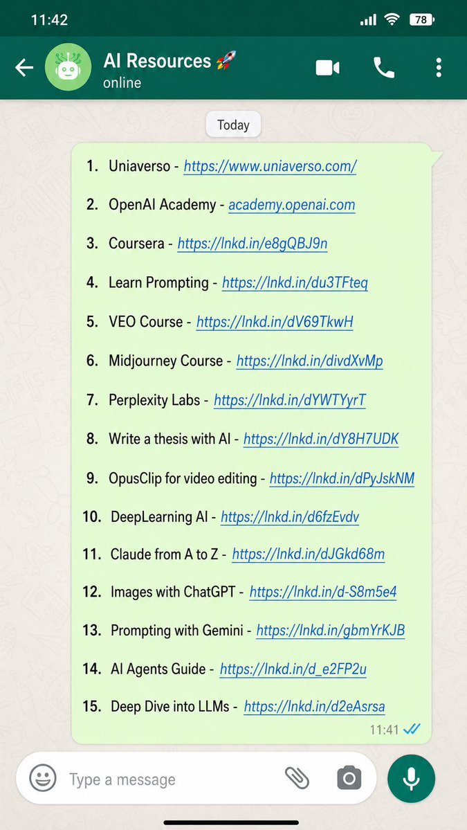 hey_Jessicaai's tweet photo. People think learning AI is hard. It's not.

I found 15 free guides so you don't have to search for them:

1. Uniaverso - https://t.co/3fZ1WErY1M
AI Academy for all ages. If you know how to write a WhatsApp message, you can do it. (52 fifteen-minute classes, without a single technical term)

2. OpenAI Academy - https://t.co/5SYK81TTJ5
The official academy of ChatGPT and OpenAI.

3. Coursera - https://t.co/lG1qBun4Ai
Learn Machine Learning with Andrew Ng.

4. Learn Prompting - https://t.co/ps23gopuV1
Step-by-step guides on prompt engineering.

5. Veo Course - https://t.co/udmxqTKvc1
The official guide to mastering Veo, Google's video model (the best on the market).

6. Midjourney Course - https://t.co/0TiMdlV3qW
Quick, simple (and free) guide to Midjourney v7.

7. Perplexity Labs - https://t.co/f3VqCbW5A0
The most interesting feature of Perplexity, explained.

8. Write a Thesis with AI - https://t.co/nPCdag64YG
Video made by Ruben Hassid.

9. OpusClip for Video Editing - https://t.co/y9hhCtwqSs
The best AI for editing videos (so far).

10. Deeplearning AI - https://t.co/ZvLeUXU5je
Best introductions to AI (perfect for beginners).

11. Claude from A to Z - https://t.co/s7ZRz5s2Ci
The official Claude guide, made by its own team.

12. Images with ChatGPT - https://t.co/G2NZx8kqfs
It's mine. But I cover 80% in just 10 slides. Not bad.

13. Prompting with Gemini - https://t.co/banvU2Gamp
The best prompts guide, straight from Google.

14. AI Agents Guide - https://t.co/AkGUgSG1CR
OpenAI made this guide (somehow little known).

15. Deep Dive into LLMs - https://t.co/ps3jEkJmEY
If you have 3 hours → an absolute goldmine.