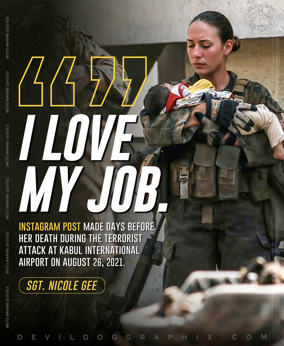 DevilDogGraphix's tweet photo. Sgt. Nicole Gee, with the 24th MEU, cradles an Afghan infant during the evacuation at Hamid Karzai International Airport in Kabul, Afghanistan, August 24, 2021. 

On Aug 26, 2021, Sgt. Gee and 12 fellow service members were killed in a suicide bombing.

#USMC #Kabul #Afghanistan https://t.co/rx7Tz9olgY