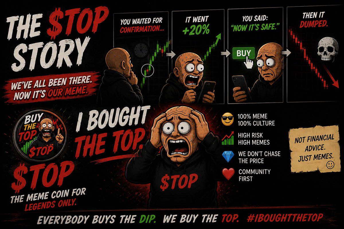 BuyTheTopCoin_'s tweet photo. 🚨 THE $TOP STORY
You waited for confirmation.
Market went +20%.
You said: “Now it’s safe.”
You bought.
Then it dumped. 💀
We've all been there.
Now it's our meme.
Show us your worst entry. 👇
#IBoughtTheTop $TOP #Solana  #BuyTheTop #TOP #CryptoMemes #Memecoin #Solana #Trading https://t.co/hEzfPsBDw2