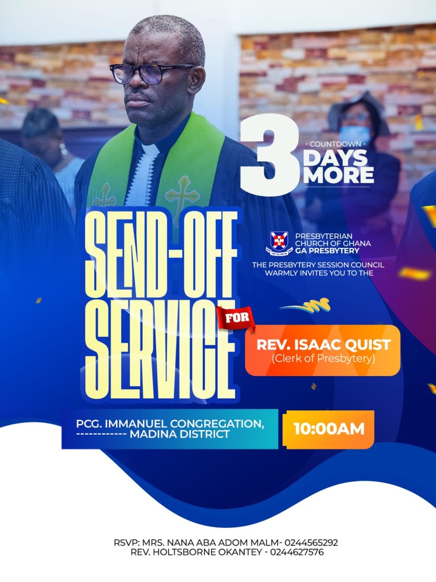 GaPresbytery's tweet photo. 0️⃣ 3️⃣  Days to celebrate grace!

Join us to celebrate the Rev. Isaac Quist, Clerk of Presbytery✨ .

#GaPresbytery #SendOffService #RevIsaacQuist https://t.co/Pnftd2roFA