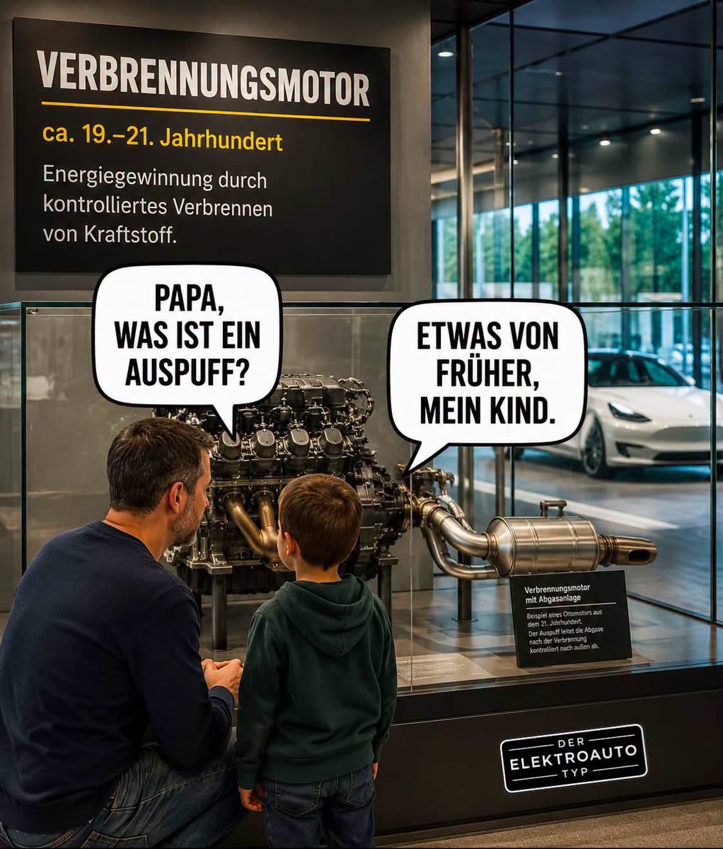 teslaxander's tweet photo. Der Witz ist, meine Kinder leben längst in dieser Zukunft.

Sie wissen nicht, was ein Ölwechsel ist, ein Keilriemen oder ein Katalysator.

Ich weiß nicht, wie man Hufe an ein Pferd schlägt oder Zügel hält. 

Ich könnte nicht einmal ein Feuer ohne Feuerzeug anmachen. Moderne Menschen sollten nicht der Vergangenheit hinterher trauern. So toll war sie nie, wie sich viele einreden. Sie hat gestunken und war laut.