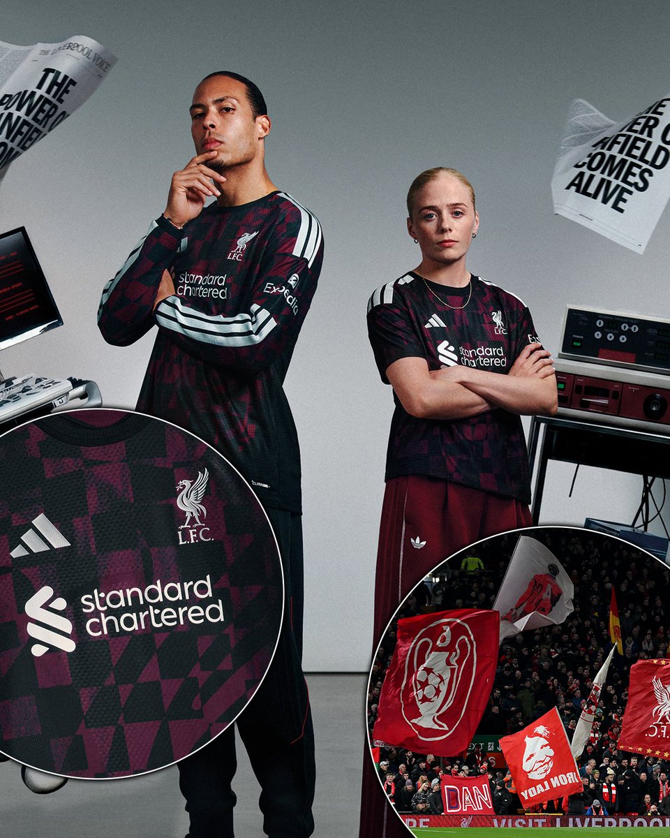 ESPNUK's tweet photo. Liverpool’s new third kit is inspired by the sea of red flags waved by supporters during midweek games 🔴
 
The details are in metallic matte silver, designed to reflect and shine under the stadium lights ✨ https://t.co/rdDclZwjnK