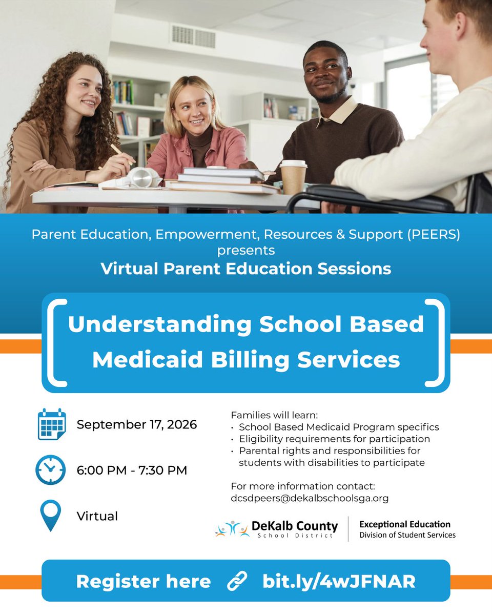 DeKalbSchools's tweet photo. 🌟 Families, join us for our September 2026 #DCSD Exceptional Education Virtual Parent Education Session! 🌟

Understanding School-based Medicaid Billing Services
🗓️ Thursday, September 17
🕕 6:00 – 7:30 PM
💻 Online

📲 Register now to attend: https://t.co/5uG6k9EYkQ

For more information, contact dcsdpeers@dekalbschoolsga.org
#TheDeKalbDifference💙🧡 #EmpoweringFamilies #ExceptionalEducation
