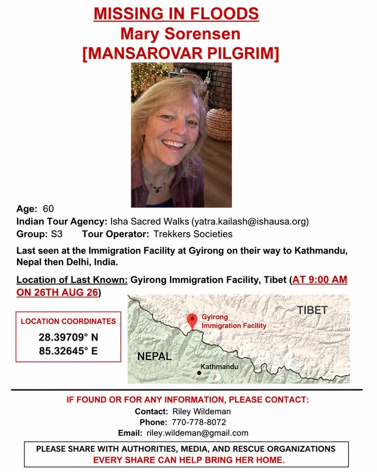 reetksahni's tweet photo. PLEASE AMPLIFY AND HELP LOCATE MARY! 
@laurenmwildeman 
#nepal #nepalfloods #pilgrims #tibet #china #sadhguru https://t.co/LDOp0aYWdA