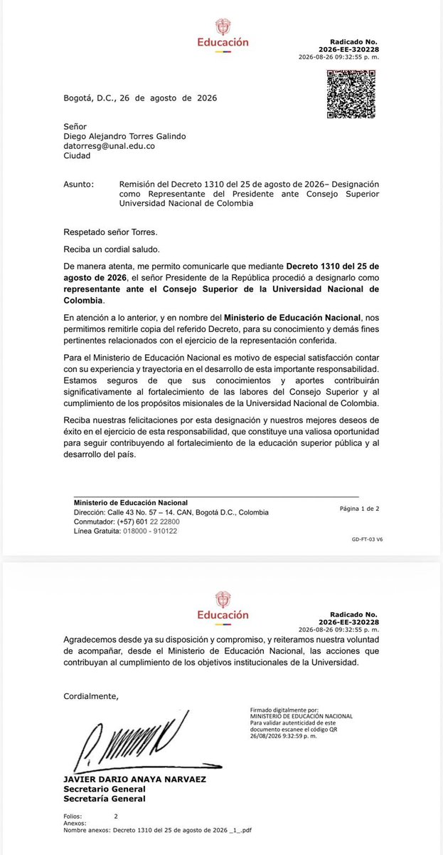 ELTIEMPO's tweet photo. 🏛️El profesor Diego Torres acaba de ser designado como representante del Gobierno Nacional ante el Consejo Superior de la Universidad Nacional. 

▶️Torres denunció amenazas durante los últimos años por sus posturas contrarias con el gobierno anterior y fue crítico con la intervención de esta administración en la elección del rector.
