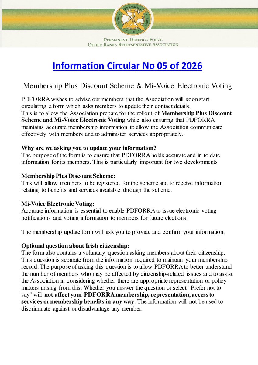 pdforra's tweet photo. Information Circular 05/2026: Members are asked to update their details for Membership Plus, Mi-Voice voting and PDFORRA communications. Contact your District Rep for a form, complete it and return it to update database. Please share with all PDFORRA members. https://t.co/XErCOhEX9k